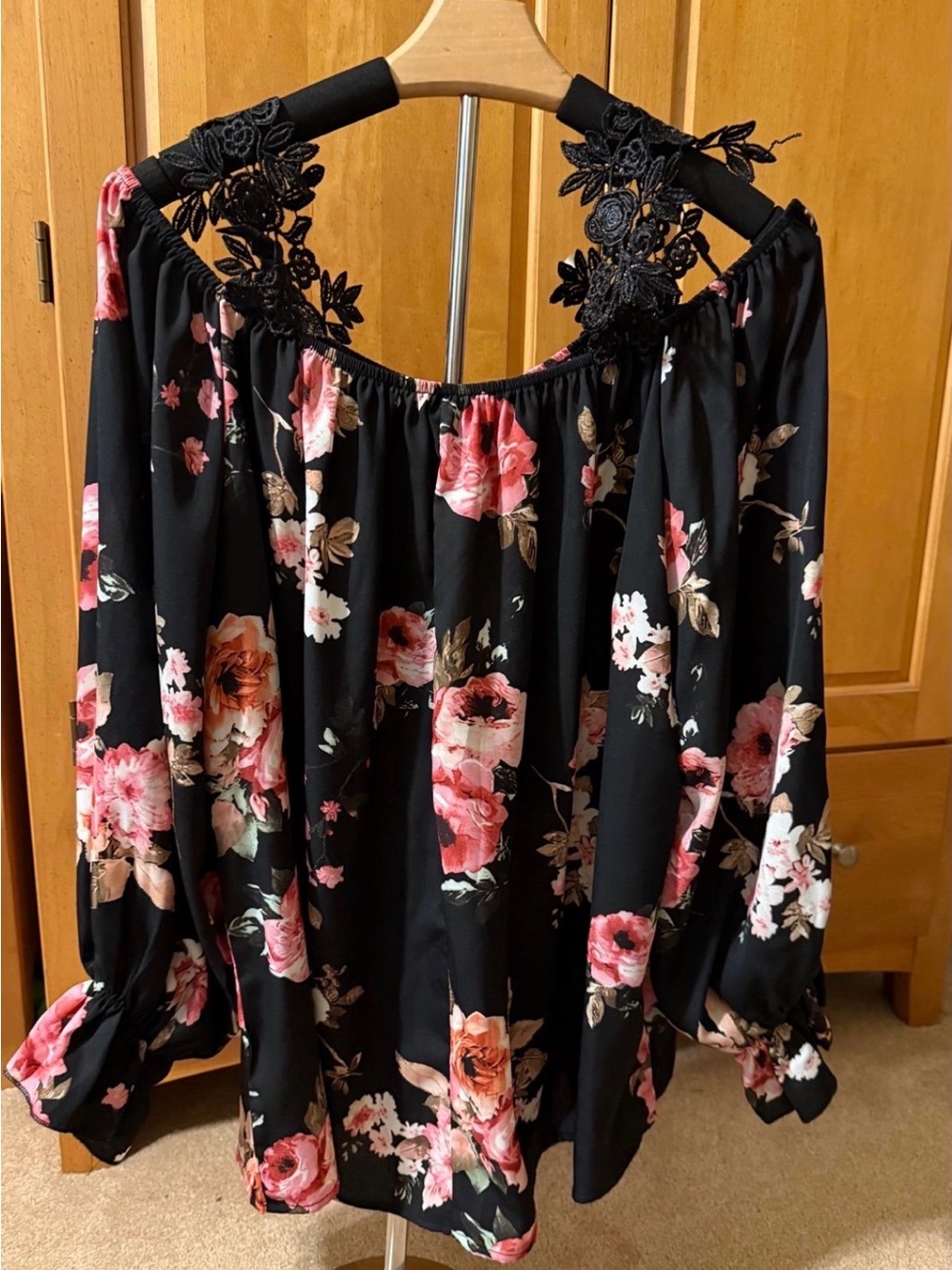 Floral Off-Shoulder Blouse - Black with Pink Rose Print
